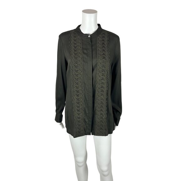 Coldwater Creek Blouse Women's Medium Olive Green Button Up Long Sleeve Lace - Picture 1 of 10